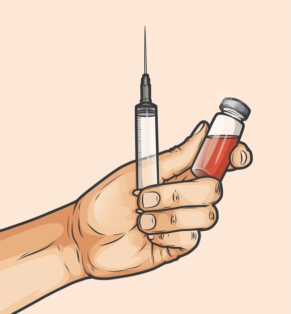 Vector manos sosteniendo jeringas y botellas de vacunas