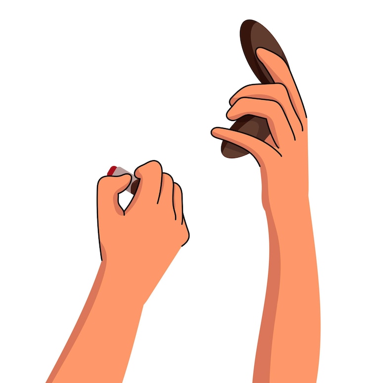 Vector manos sosteniendo lápiz labial y espejo