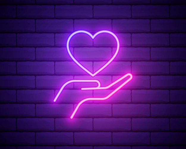 Manos sosteniendo el letrero de neón del corazón Concepto de medicina y atención de la salud Diseño publicitario Letrero de neón brillante de la noche Bandera de luz de cartelera colorida Ilustración vectorial en estilo neón