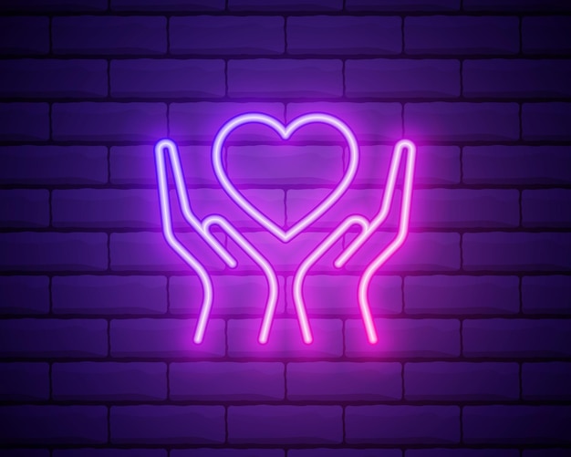 Manos sosteniendo el letrero de neón del corazón Concepto de medicina y atención de la salud Diseño publicitario Letrero de neón brillante de la noche Bandera de luz de cartelera colorida Ilustración vectorial en estilo neón