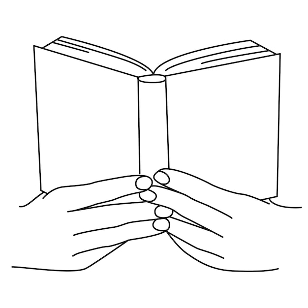 Manos sosteniendo un libro en ilustración lineal vectorial