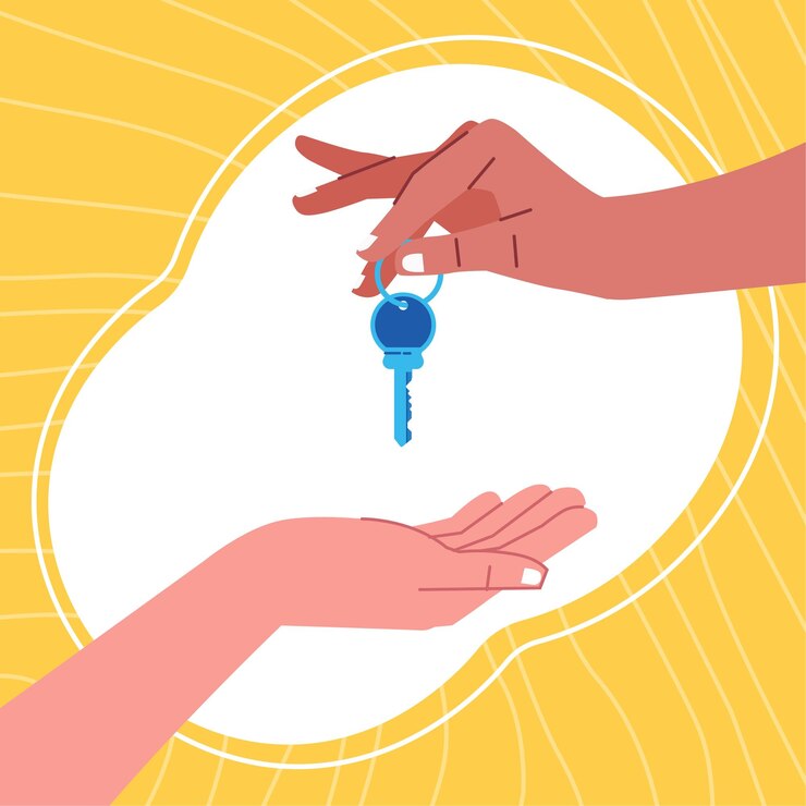 Manos sosteniendo la llave de la puerta El agente de bienes raíces da las llaves al comprador vector Préstamo hipotecario o ilustración de propiedad
