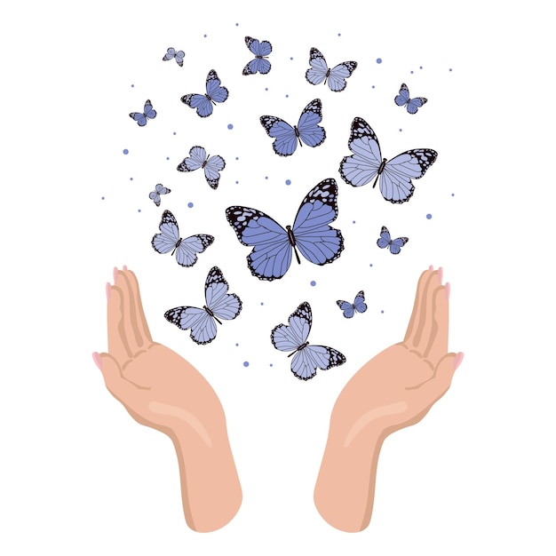 Manos sosteniendo mariposas voladoras. Mariposas azules en las manos. Ilustración, impresión, vector