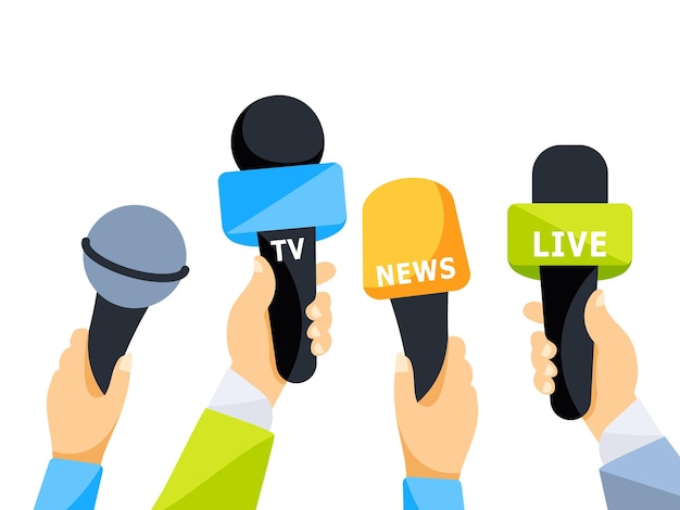 Manos sosteniendo el micrófono manos de personas periodistas micrófonos grabadores tomando entrevistas en televisión en vivo