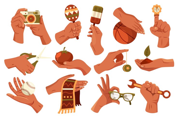 Vector manos sosteniendo objetos elementos en diseño plano