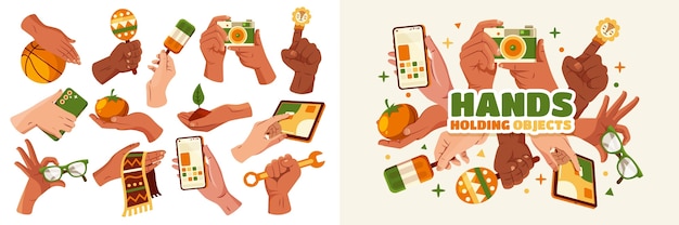 Manos sosteniendo objetos ilustraciones en diseño plano