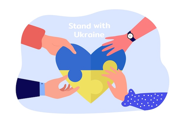 Manos sosteniendo partes del corazón en colores de la bandera de Ucrania. Soporte con ilustración de vector plano de Ucrania. Hombres y mujeres que luchan por la paz. Libertad, unidad, concepto de nación.