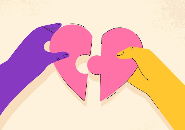 Manos sosteniendo pedazos de concepto de corazón Relación romántica Sentimientos y emociones estado de ánimo Pareja joven o familia Creatividad abstracta y arte para el día de San Valentín Ilustración de vector plano de dibujos animados
