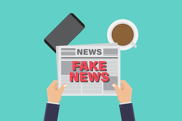 Manos sosteniendo periódicos y leyendo noticias falsas ilustración de diseño de vectores
