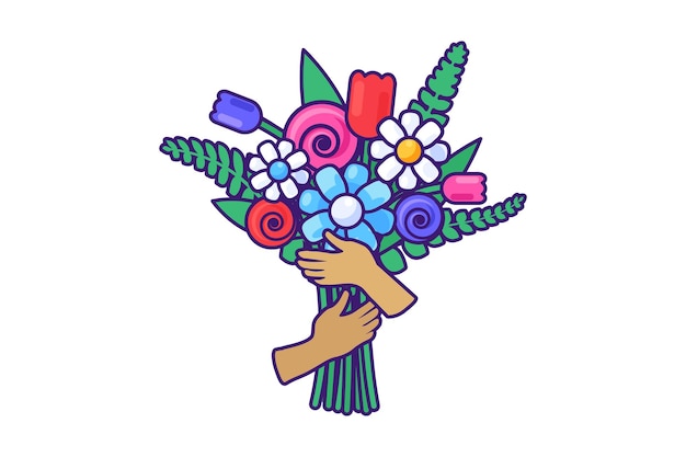 Manos sosteniendo un ramo de flores de primavera acariciadas al estilo de las caricaturas