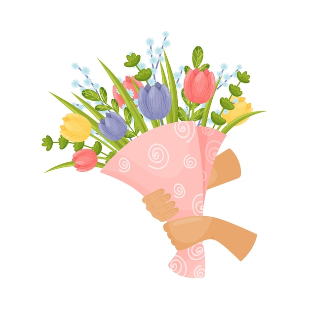 Manos sosteniendo un ramo de tulipanes en envases de papel rosa ilustración vectorial sobre un fondo blanco