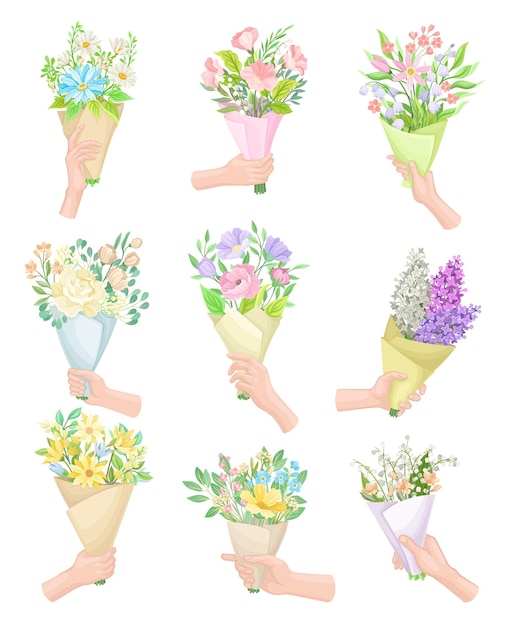 Manos sosteniendo ramos de flores envueltos en un conjunto vectorial de papel artesanal