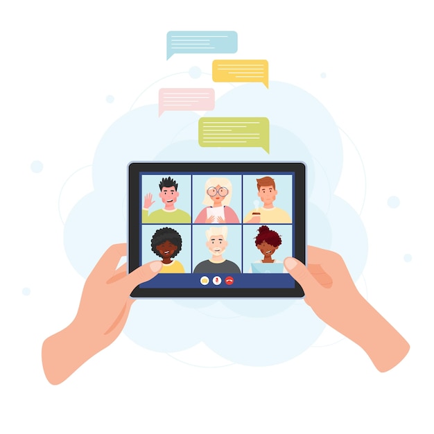 Manos sosteniendo tableta con chat de conferencia de reunión en línea Concepto de chat de video con burbujas de notificación Ilustración vectorial
