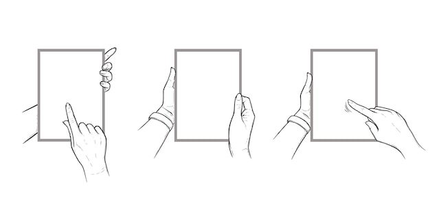 Manos sosteniendo tableta con gestos de pantalla táctil. conjunto de tabletas verticales en manos de un humano. boceto ilustración vectorial aislado en fondo blanco