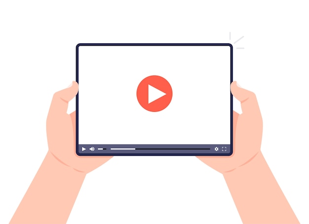 Manos sosteniendo la tableta con reproductor de video en pantalla. Tutoriales de concepto de video marketing, conferencias, conferencias, seminarios web