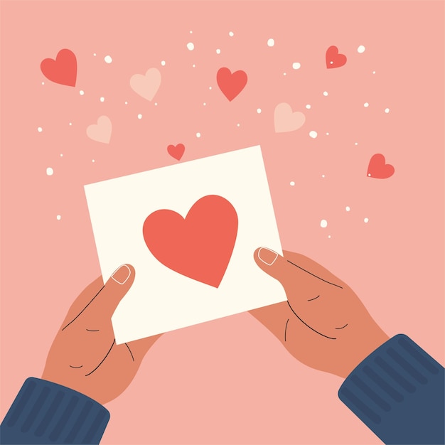 Manos sosteniendo tarjeta de San Valentín Vector ilustración de dibujos animados planos