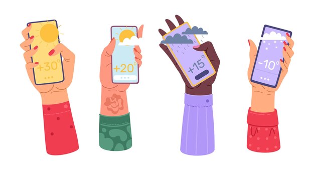 Manos sosteniendo teléfono con aplicación meteorológica pronóstico en línea estilo moderno dibujo aplicación meteorológica en pantalla de teléfono inteligente íconos de sol y lluvia ilustración plana de dibujos animados concepto vectorial