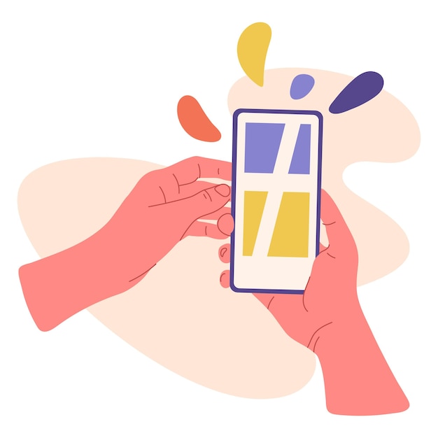 Manos sosteniendo el teléfono inteligente Dedos desplazando la pantalla del teléfono celular en manos humanas ilustración vectorial plana sobre fondo blanco