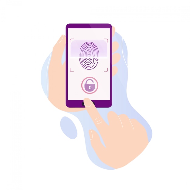 Vector manos sosteniendo el teléfono inteligente con escaneo de huellas digitales