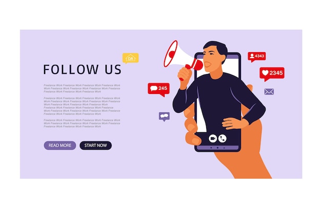 Manos sosteniendo el teléfono inteligente con un hombre gritando en altavoz. Influencer marketing, redes sociales o promoción de redes. Ilustración vectorial Plano.