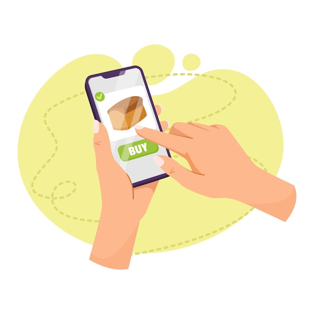 Manos sosteniendo un teléfono inteligente con una ilustración vectorial del botón Comprar en un fondo verde claro concepto de compras en línea Ilustración vectial