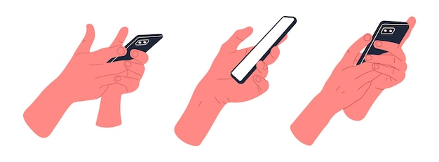 Manos sosteniendo un teléfono inteligente con una ilustración vectorial plana de pantalla táctil de mano humana de dibujos animados