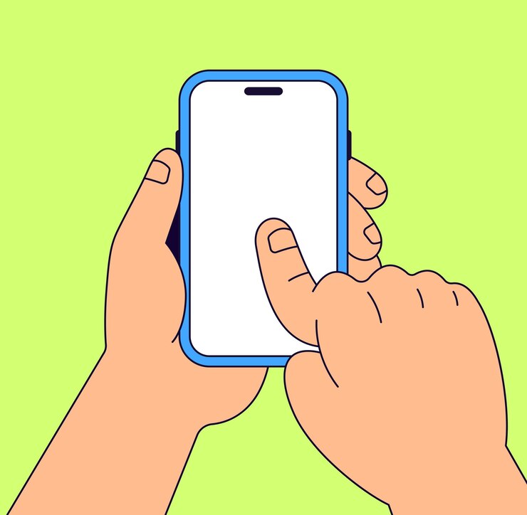 Vector manos sosteniendo el teléfono inteligente y tocando la pantalla vector de dibujos animados
