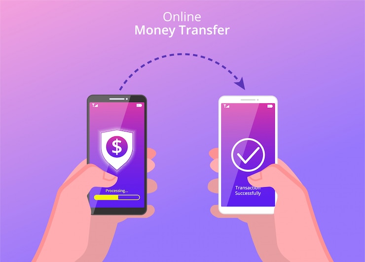 Vector manos sosteniendo el teléfono inteligente para transferir dinero en línea.