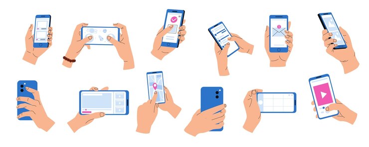 Vector manos sosteniendo teléfonos con aplicaciones smartphone con aplicaciones en exhibición en un dispositivo móvil de estilo plano con mensajes de video y aplicaciones de citas vector conjunto aislado usando chat de mapas
