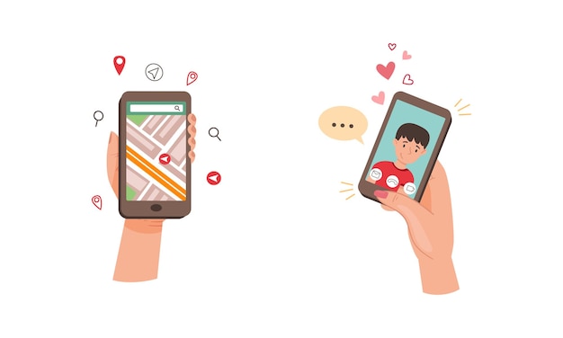 Manos sosteniendo teléfonos inteligentes conjunto llamada de video novio mapa de la ciudad navegación gps en pantalla de teléfono inteligente ilustración vectorial