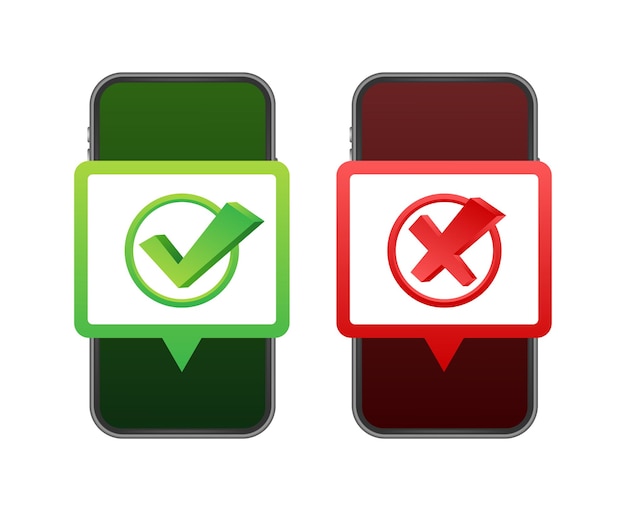 Manos sosteniendo teléfonos inteligentes con marcas de verificación establecidas Marcas de verificación y marcas cruzadas Ilustración de stock vectorial