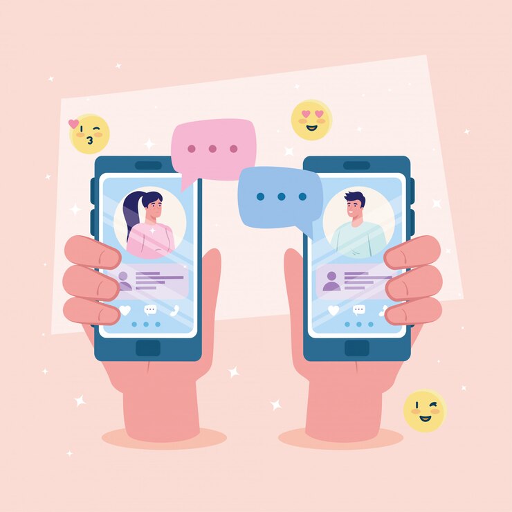 Vector manos sosteniendo teléfonos inteligentes con mujer y hombre chateando