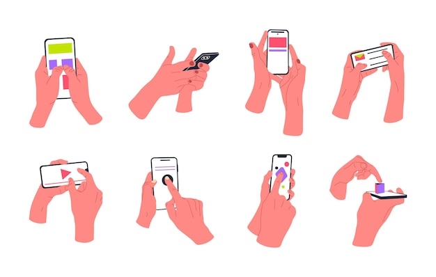 Manos sosteniendo teléfonos inteligentes Usuarios de teléfonos móviles pantalla táctil desplazamiento y toque pantalla del dispositivo conjunto de ilustraciones vectoriales planas Manos humanas de dibujos animados con teléfonos móviles