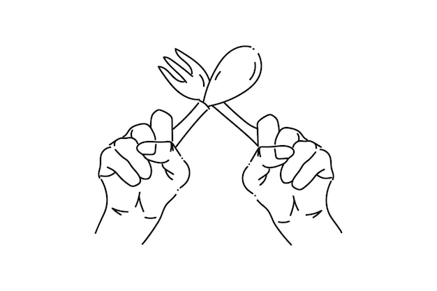 Manos sosteniendo tenedor cuchara cubiertos cuchillo dibujado a mano icono dibujado línea dibujando ilustración vectorial