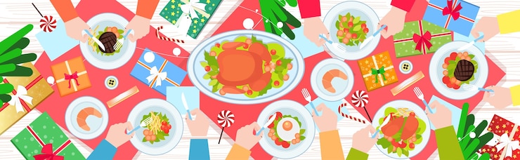 Vector manos sosteniendo tenedor y cuchillo comiendo comida en la mesa de la cena de año nuevo de navidad pato asado y guarniciones concepto de celebración de vacaciones de invierno vista de ángulo superior ilustración de banner horizontal