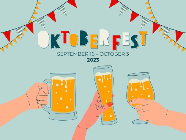 Manos sosteniendo vasos de cerveza Plantilla de diseño de banner para Oktoberfest Plantilla colorida para cartel