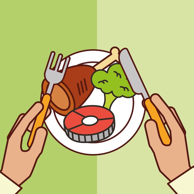 Vector manos sostiene tenedor cuchillo pescado pollo brócoli cena en plato