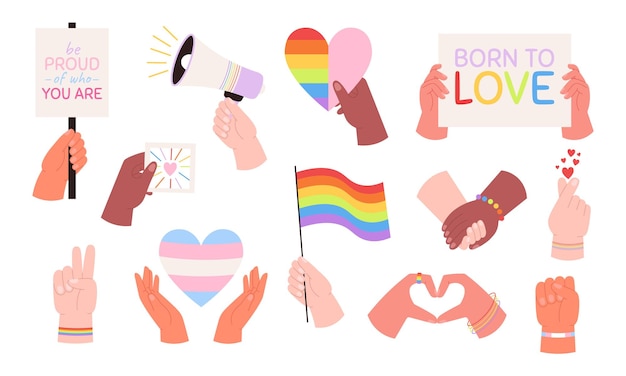 Las manos sostienen banderas del arco iris corazones símbolo lgbt orgullo trans elementos del desfile gay pegatinas de amor coloridas parches decorativos maravillosos clipart vectoriales picantes del orgullo del arco iris ilustración lgbt