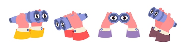 Vector las manos sostienen binoculares mirarlo con los ojos observar buscar trabajo ver espía explorar dibujos animados