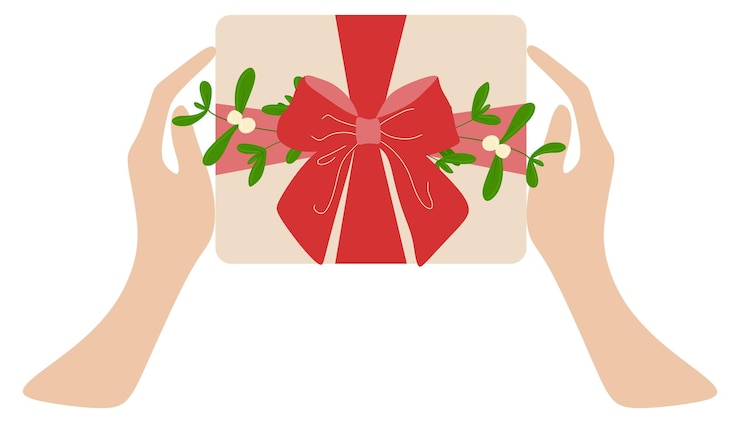 Vector las manos sostienen la caja de regalo navideña que presenta sorpresa navideña envuelta en un paquete festivo decorado con lazo de cinta y rama de muérdago de navidad ilustración vectorial plana aislada en fondo blanco