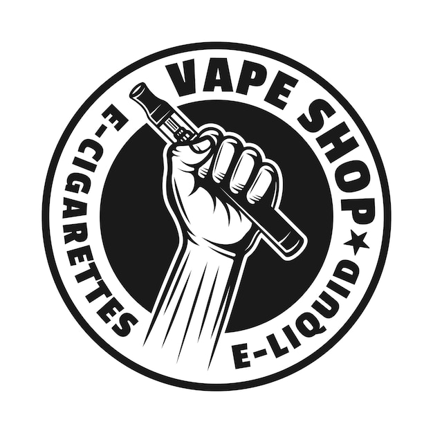 Manos sostienen cigarrillo electrónico o pluma vape vector monocromo redondo emblema, insignia, etiqueta o logotipo aislado sobre fondo blanco