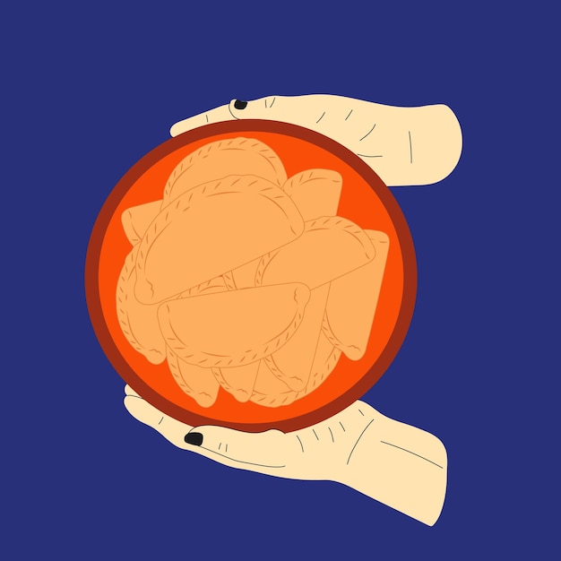 Las manos sostienen la empanada de comida latinoamericana en el plato. Vector en estilo de dibujos animados. Todos los elementos están aislados.