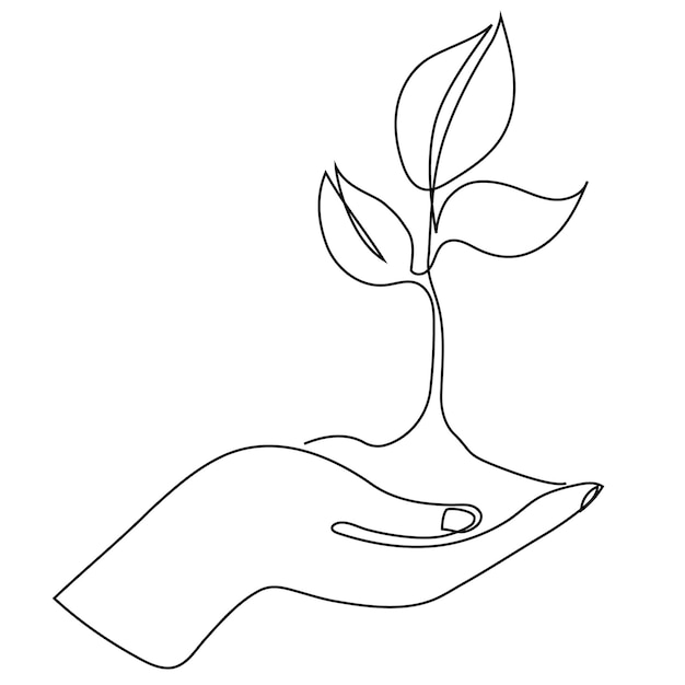 Las manos sostienen las hojas de la rama dibujo de línea continua Ilustración vectorial aislada en blanco