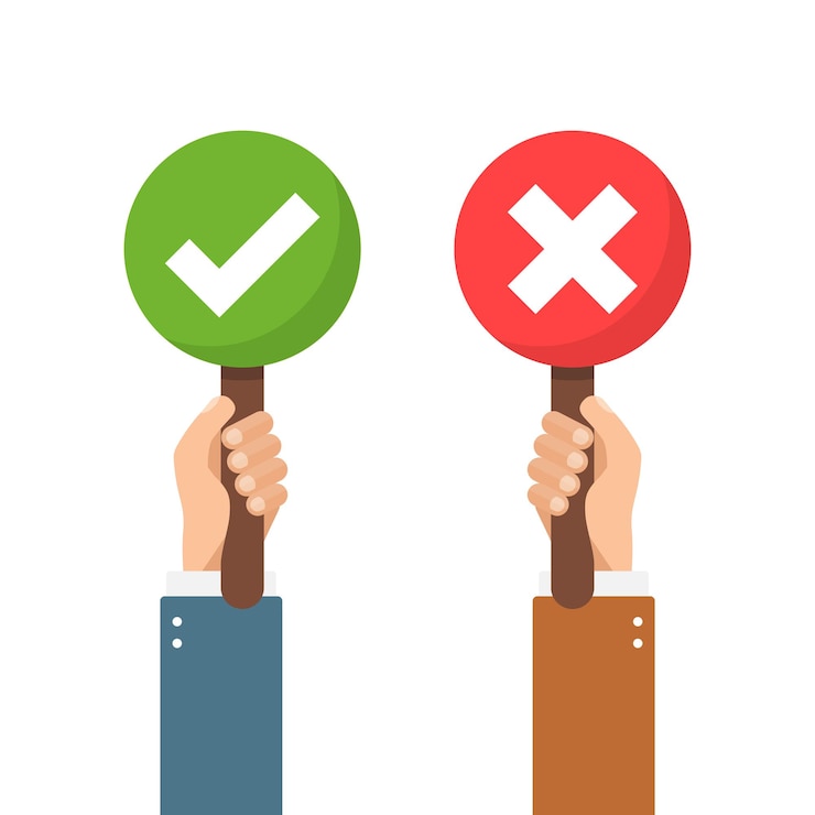 Vector manos sostienen el icono del letrero en estilo plano ilustración de vector de retroalimentación correcta e incorrecta sobre fondo aislado sí, no hay concepto de negocio de signo