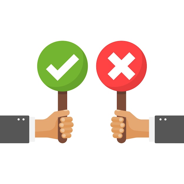 Manos sostienen el icono del letrero en estilo plano Ilustración de vector de retroalimentación correcta e incorrecta sobre fondo aislado Sí, no hay concepto de negocio de signo