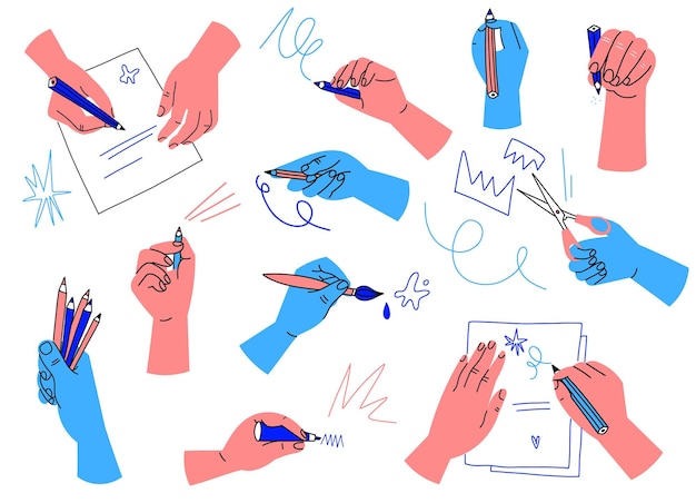Vector las manos sostienen papelería los brazos de color sostienen lápices y pinceles las palmas aisladas con marcadores y tijeras escribir cartas y procesos de dibujo cortar y pintar conjunto de partes humanas abstractas vectoriales