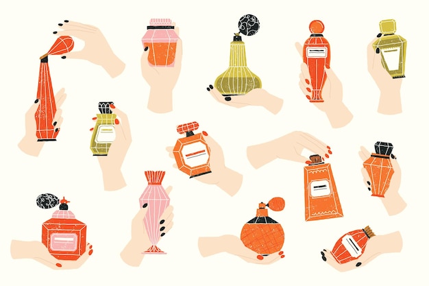Vector las manos sostienen el perfume los dedos de la mujer de dibujos animados con una botella de fragancia la mano de la mujer con spray y productos cosméticos de colonia