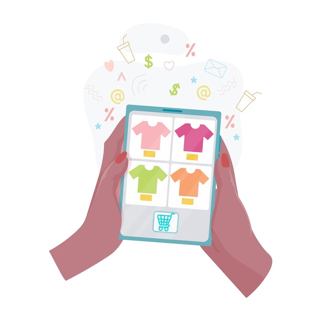 Las manos sostienen una tableta con una página abierta de la tienda en línea Conceptos de tecnología de Internet y compras en línea La mujer sostiene una tableta en la mano y hace una compra Ilustración vectorial