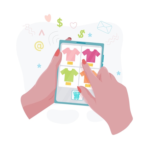 Las manos sostienen una tableta con una página abierta de la tienda en línea Conceptos de tecnología de Internet y compras en línea La mujer sostiene una tableta en la mano y hace una compra Ilustración vectorial