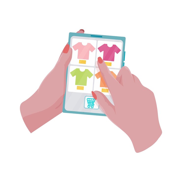 Vector las manos sostienen una tableta con una página abierta de la tienda en línea conceptos de tecnología de internet y compras en línea la mujer sostiene una tableta en la mano y hace una compra ilustración vectorial